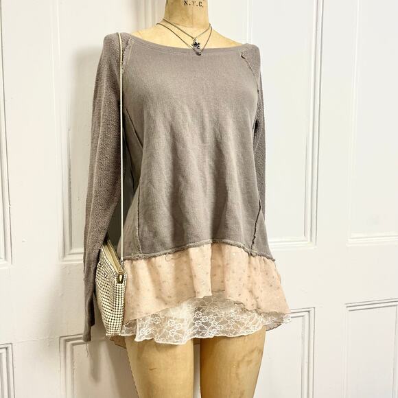 Deletta Bohochic warm grey sweater pullover with peach sheer polka dot frill - Picture 1 of 7